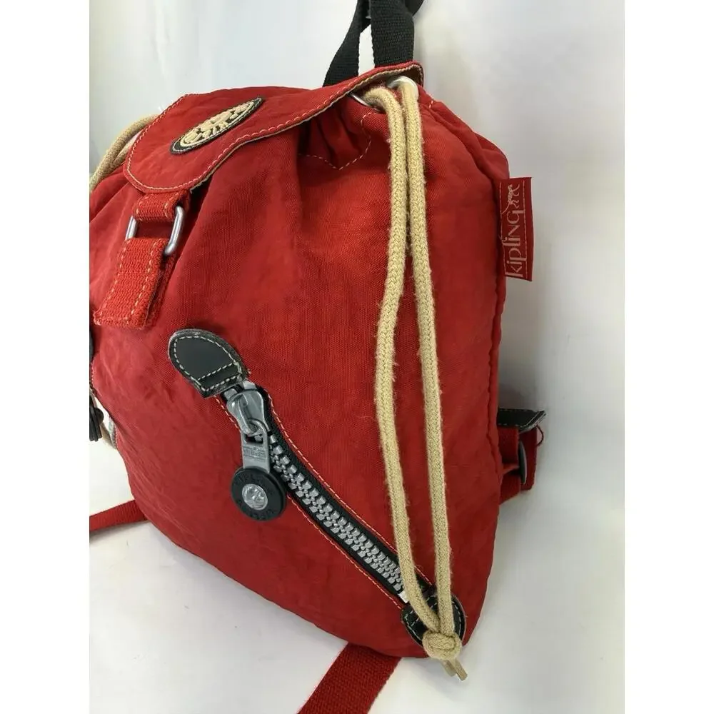 VINTAGE 90s Kipling Red Crinkle Nylon Backpack Rucksack Y2K Small Drawstring